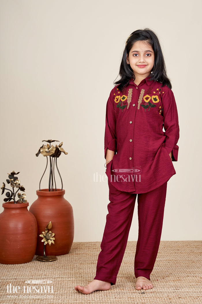 The Nesavu Girls Sharara / Plazo Set Girls ethnic plazzo kurta set with floral neckline embroidery Nesavu Nesavu girls floral embroidered plazzo kurta set breathable viscose  festive school-ready