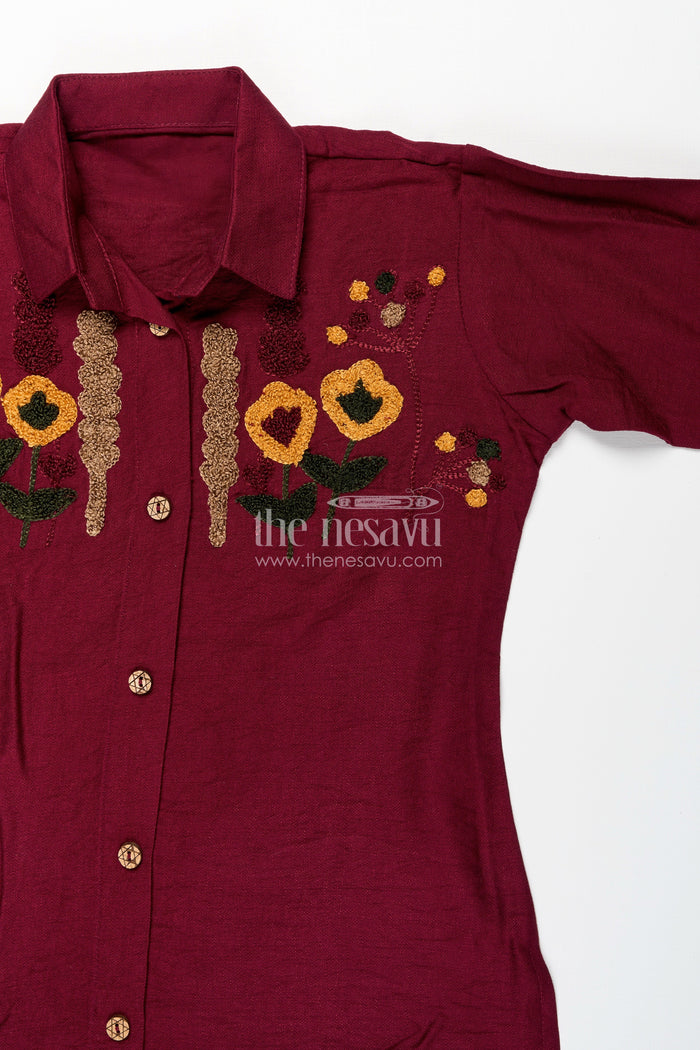 The Nesavu Girls Co-Ord Sets Girls Ethnic Plazzo Kurta Set with Floral Neckline Embroidery Nesavu Nesavu girls floral embroidered plazzo kurta set breathable viscose  festive school-ready