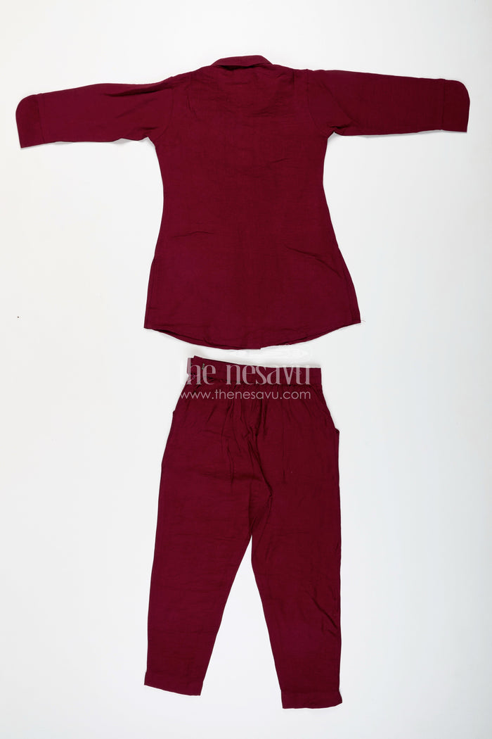 The Nesavu Girls Co-Ord Sets Girls Ethnic Plazzo Kurta Set with Floral Neckline Embroidery Nesavu Nesavu girls floral embroidered plazzo kurta set breathable viscose  festive school-ready