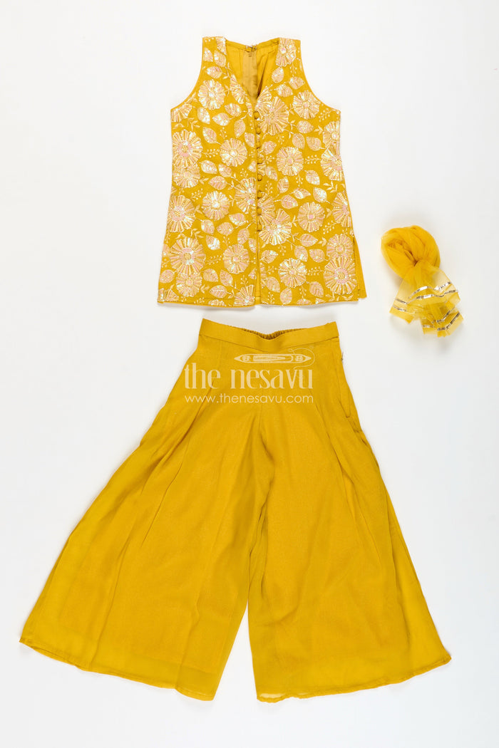 The Nesavu Girls Sharara / Plazo Set Girls Ethnic Set for Parties in Mustard Yellow Georgette with Embroidered Yoke and Palazzo Pants Nesavu Nesavu Mustard Yellow Girls Ethnic Party Set Georgette Palazzo Pants Embroidered Sleeveless Top