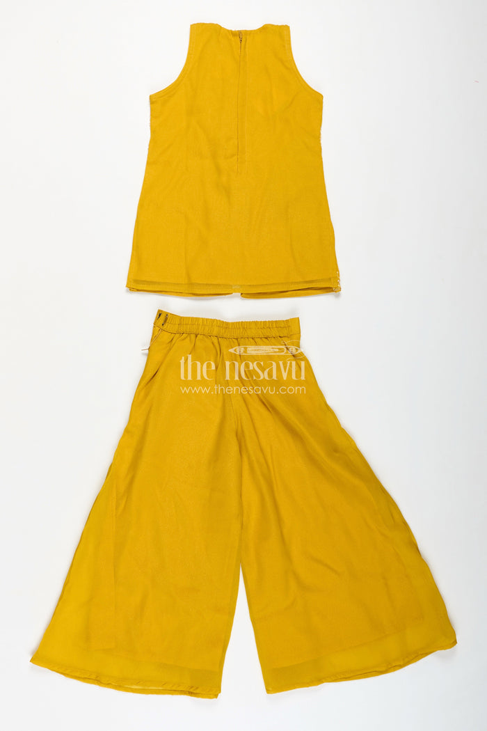 The Nesavu Girls Sharara / Plazo Set Girls Ethnic Set for Parties in Mustard Yellow Georgette with Embroidered Yoke and Palazzo Pants Nesavu Nesavu Mustard Yellow Girls Ethnic Party Set Georgette Palazzo Pants Embroidered Sleeveless Top