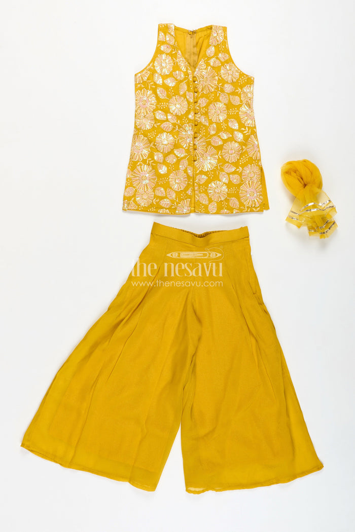 The Nesavu Girls Sharara / Plazo Set Girls Ethnic Set for Parties in Mustard Yellow Georgette with Embroidered Yoke and Palazzo Pants Nesavu Nesavu Mustard Yellow Girls Ethnic Party Set Georgette Palazzo Pants Embroidered Sleeveless Top