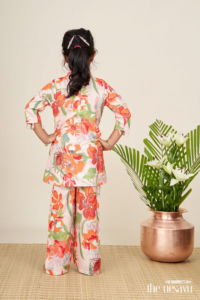 The Nesavu Girls Sharara / Plazo Set Girls ethnic sharara set with bright floral prints for festive comfort Nesavu Nesavu girls cotton floral sharara kurta set  festive ethnic wear summer