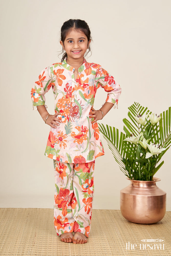 The Nesavu Girls Sharara / Plazo Set Girls ethnic sharara set with bright floral prints for festive comfort Nesavu 24 (5Y) / Orange GPS668A-24 Nesavu girls cotton floral sharara kurta set  festive ethnic wear summer