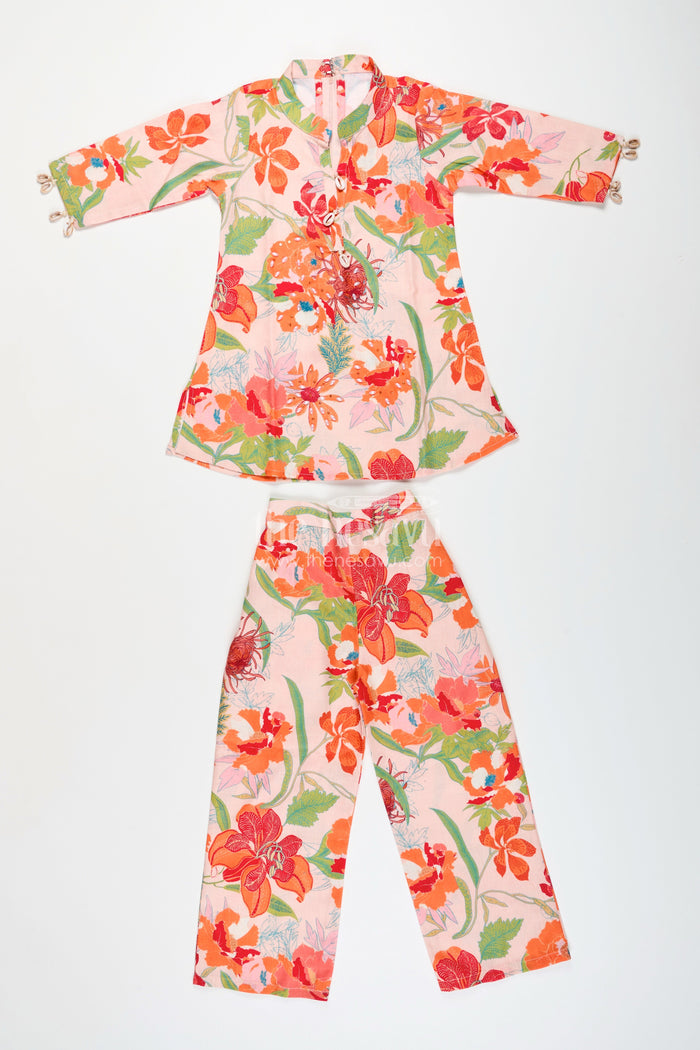 The Nesavu Girls Co-Ord Sets Girls Ethnic Sharara Set with Bright Floral Prints for Festive Comfort Nesavu Nesavu girls cotton floral sharara kurta set  festive ethnic wear summer
