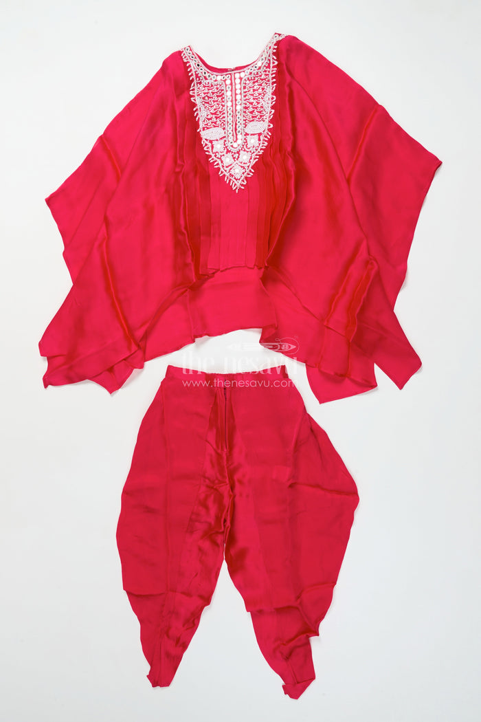The Nesavu Girls Sharara / Plazo Set Girls Festive Draped Kurta and Dhoti Set In Viscose Muslin Silk with Embroidery Nesavu Nesavu girls embroidered silk kaftan dhoti set  festive ethnic outfit