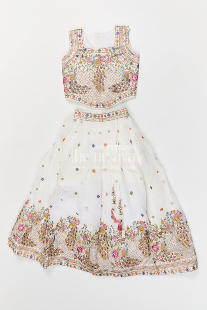 The Nesavu Girls Fancy Lehenga Girls Festive Lehenga for Weddings and Grand Celebrations Nesavu 16 (1Y) / Half white / Georgette GL885B-16 Nesavu girls crushed georgette festive lehenga for weddings and celebrations with embroidered yoke