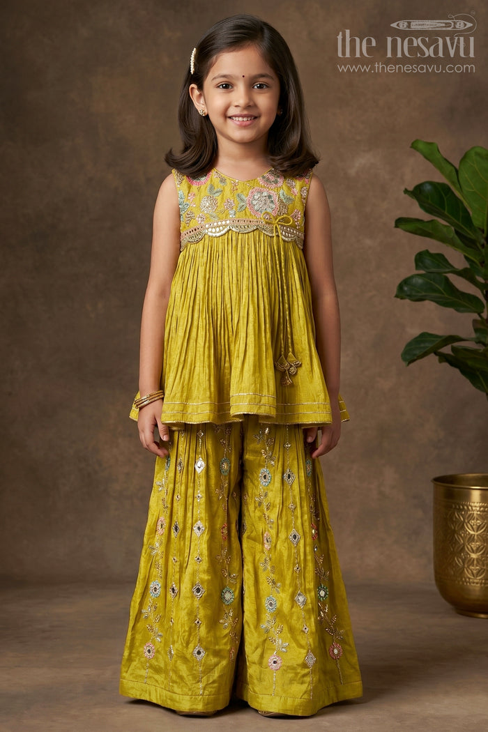 The Nesavu Girls Sharara / Plazo Set Girls Festive Palazzo Set for Wedding Receptions and Parties Nesavu 16 (1Y) / Green / Viscose Silk GPS1065A-16 Nesavu Girls Festive Palazzo Set With Sequence Embroidery For Weddings And Family Celebrations