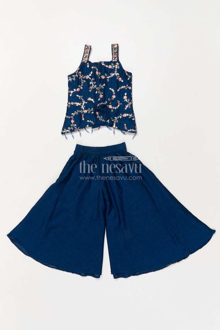 The Nesavu Girls Sharara / Plazo Set Girls Festive Plazo Set with Embroidered Blouse and Tassel Dupatta Nesavu Nesavu girls embroidered sharara set with mirror yoke and dupatta for festivals and functions