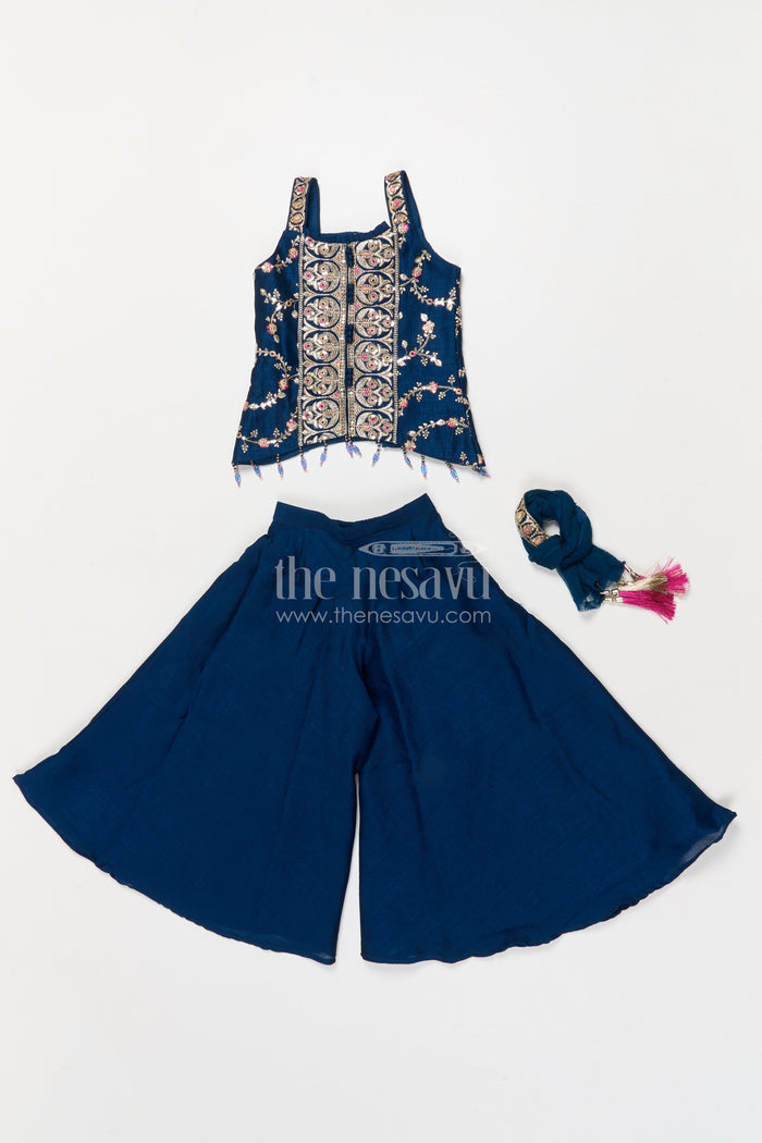 The Nesavu Girls Sharara / Plazo Set Girls Festive Plazo Set with Embroidered Blouse and Tassel Dupatta Nesavu Nesavu girls embroidered sharara set with mirror yoke and dupatta for festivals and functions