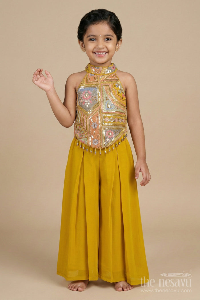 The Nesavu Girls Sharara / Plazo Set Girls Festive Plazo Set with Traditional Embroidered Blouse for Navratri and School Events Nesavu Nesavu girls traditional plazo set with embroidered high-neck blouse and dupatta for Navratri and festive days