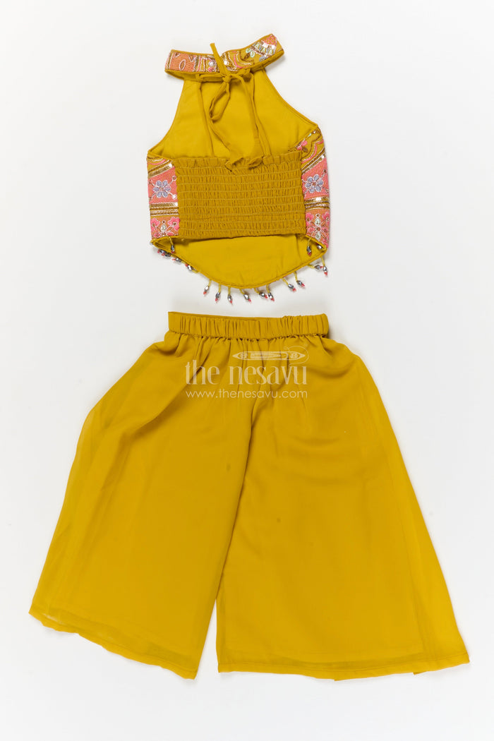 The Nesavu Girls Sharara / Plazo Set Girls Festive Plazo Set with Traditional Embroidered Blouse for Navratri and School Events Nesavu Nesavu girls traditional plazo set with embroidered high-neck blouse and dupatta for Navratri and festive days