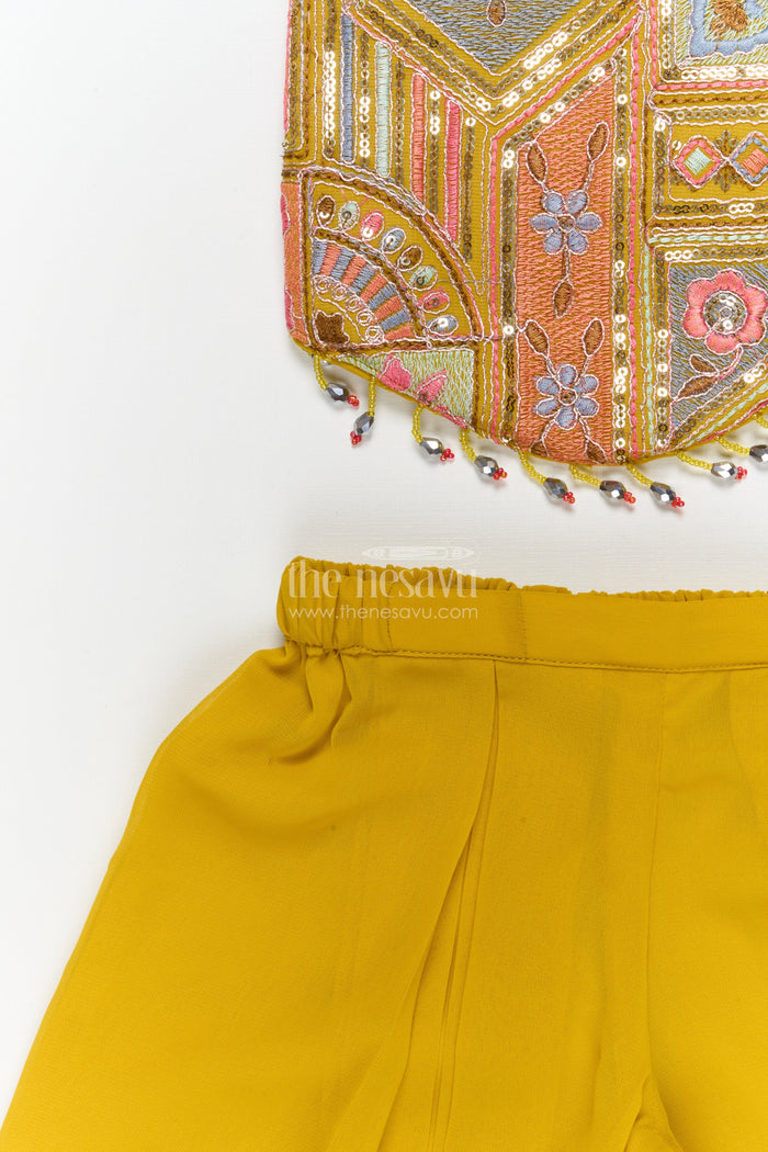 The Nesavu Girls Sharara / Plazo Set Girls Festive Plazo Set with Traditional Embroidered Blouse for Navratri and School Events Nesavu Nesavu girls traditional plazo set with embroidered high-neck blouse and dupatta for Navratri and festive days