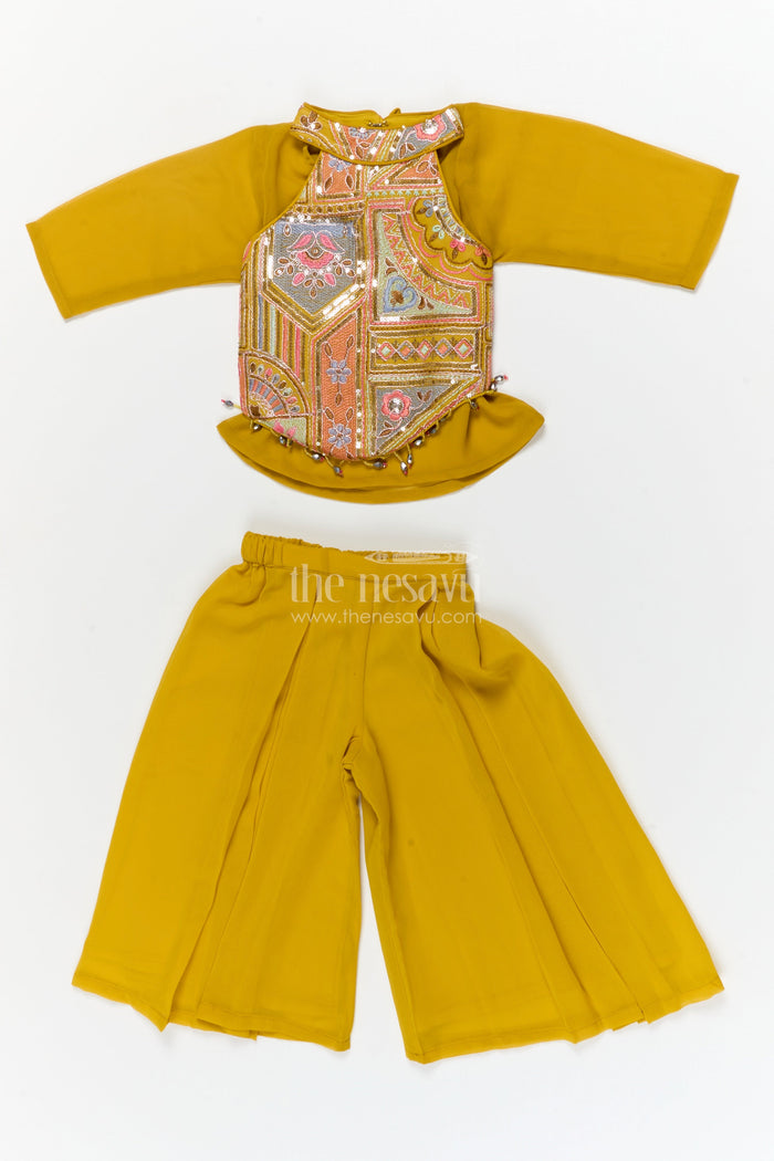 The Nesavu Girls Sharara / Plazo Set Girls Festive Plazo Set with Traditional Embroidered Blouse for Navratri and School Events Nesavu Nesavu girls traditional plazo set with embroidered high-neck blouse and dupatta for Navratri and festive days