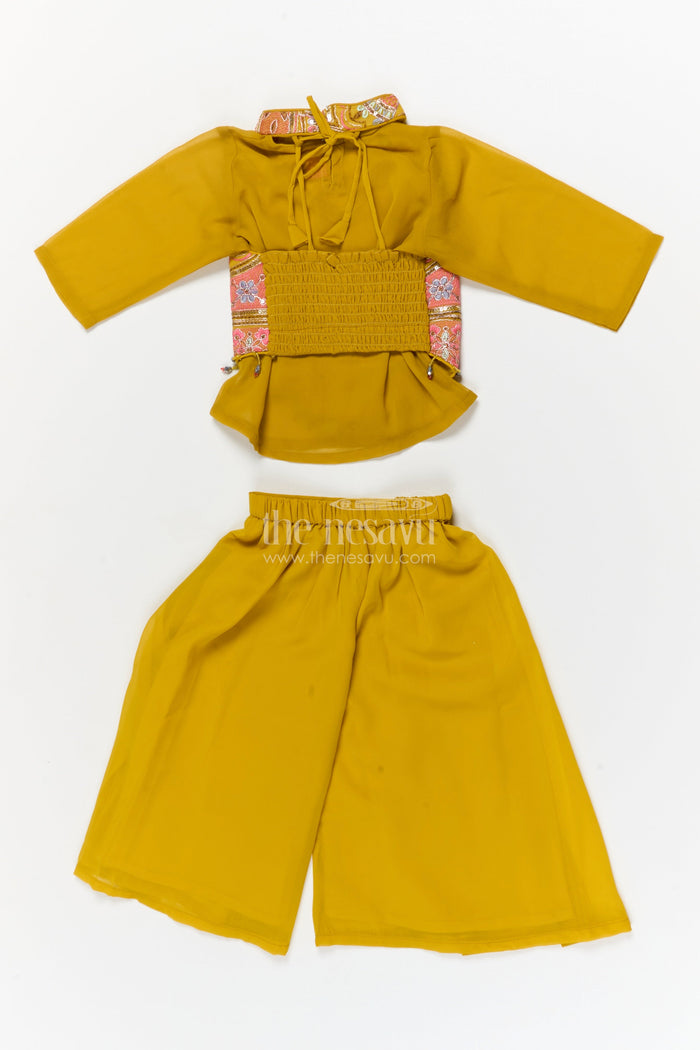 The Nesavu Girls Sharara / Plazo Set Girls Festive Plazo Set with Traditional Embroidered Blouse for Navratri and School Events Nesavu Nesavu girls traditional plazo set with embroidered high-neck blouse and dupatta for Navratri and festive days