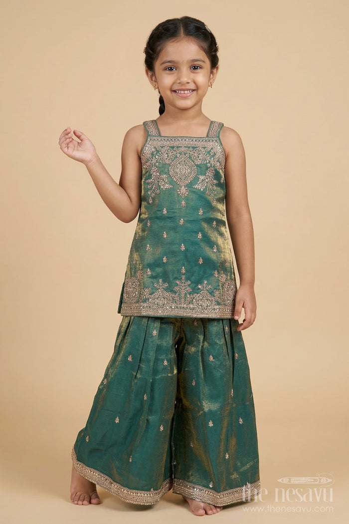 The Nesavu Girls Sharara / Plazo Set Girls Festive Sharara Outfit with Zari Thread Work and Flared Silhouette Nesavu Nesavu festive sharara set for girls with zari embroidery and dupatta – perfect for cultural events and weddings