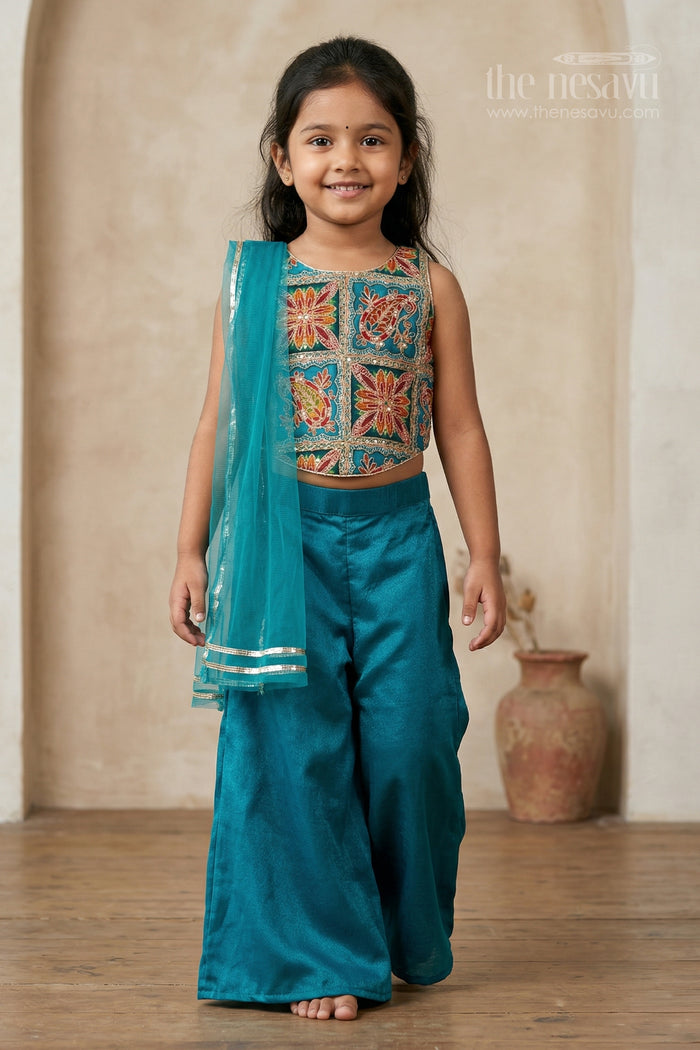The Nesavu Girls Sharara / Plazo Set Girls Festive Sharara Suit for Weddings and Cultural Celebrations Nesavu 16 (1Y) / Green / Georgette GPS1011A-16 Nesavu girls georgette sharara suit with embroidered yoke for festive occasions and weddings