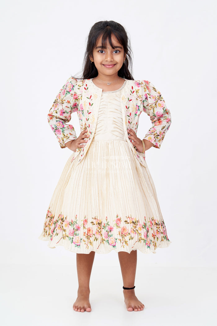The Nesavu Silk Frock Girls Floral Frock with Jacket in Chinon Silk with Digital Print and Embroidered Stone Work Detailing Nesavu Nesavu Girls Floral Frock Embroidered Jacket Chinon Silk Digital Print Stone Work