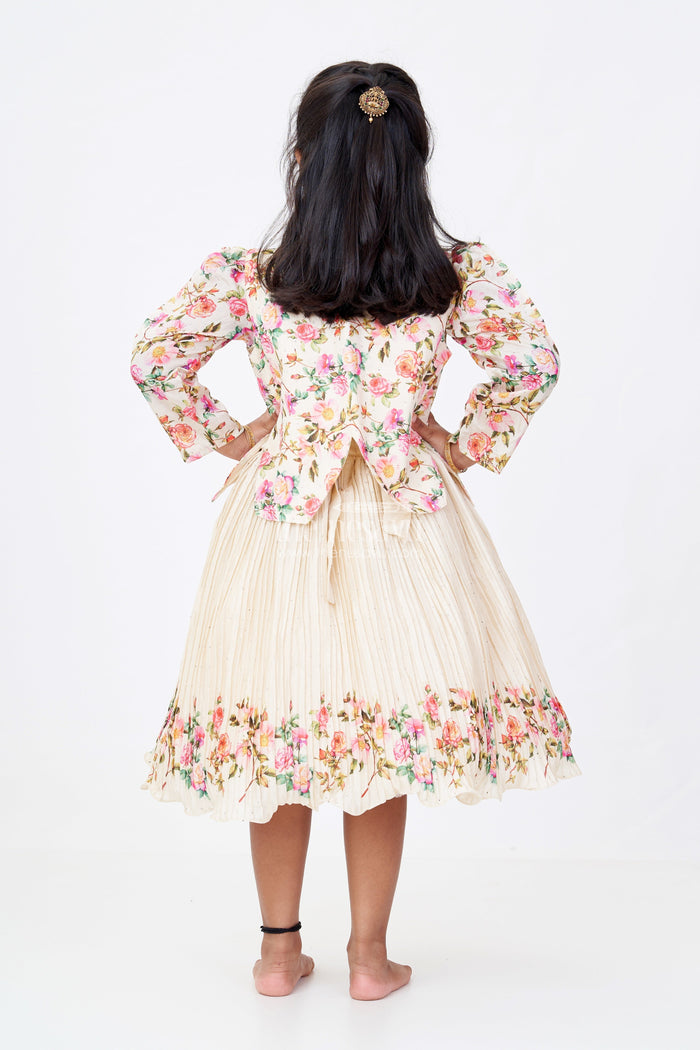 The Nesavu Silk Frock Girls Floral Frock with Jacket in Chinon Silk with Digital Print and Embroidered Stone Work Detailing Nesavu Nesavu Girls Floral Frock Embroidered Jacket Chinon Silk Digital Print Stone Work