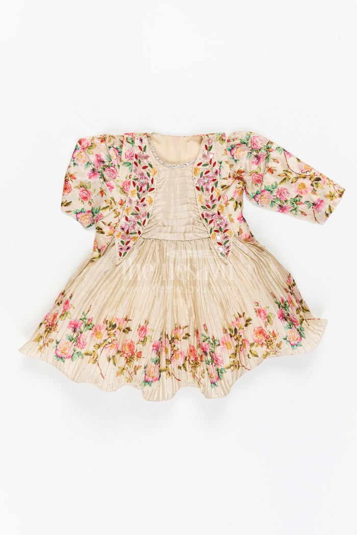 The Nesavu Silk Frock Girls Floral Frock with Jacket in Chinon Silk with Digital Print and Embroidered Stone Work Detailing Nesavu Girls Floral Frock Embroidered Jacket Chinon Silk Digital Print Stone Work | The Nesavu