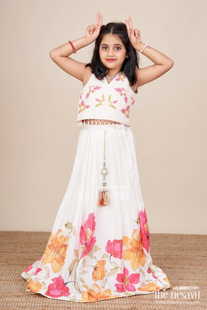 The Nesavu Girls Lehenga Choli Girls Floral Lehenga Choli Set for Birthdays and Festive Functions Nesavu 28 (7Y) / White GL819A-28 Nesavu girls floral lehenga set embroidered blouse birthdays festive celebrations