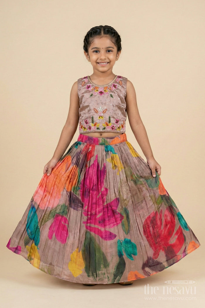 The Nesavu Girls Ethnic Lehenga Girls Floral Lehenga Set with Sleeveless Blouse for Birthdays and Special Occasions Nesavu Nesavu girls floral printed lehenga set in chinon fabric with embroidered blouse for festive celebrations