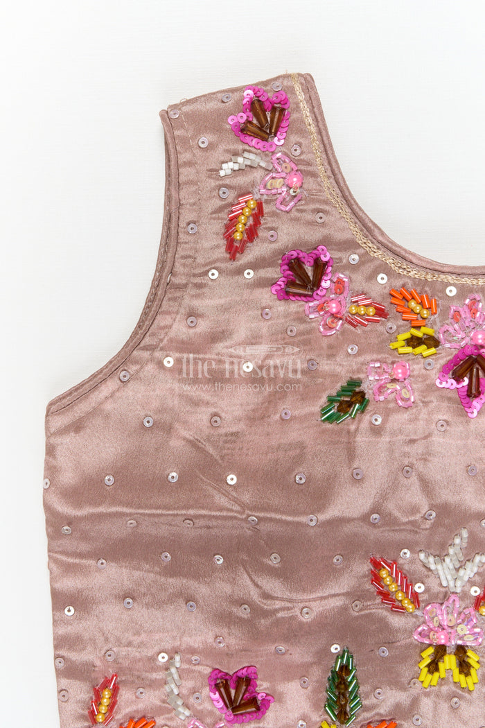 The Nesavu Girls Ethnic Lehenga Girls Floral Lehenga Set with Sleeveless Blouse for Birthdays and Special Occasions Nesavu Nesavu girls floral printed lehenga set in chinon fabric with embroidered blouse for festive celebrations