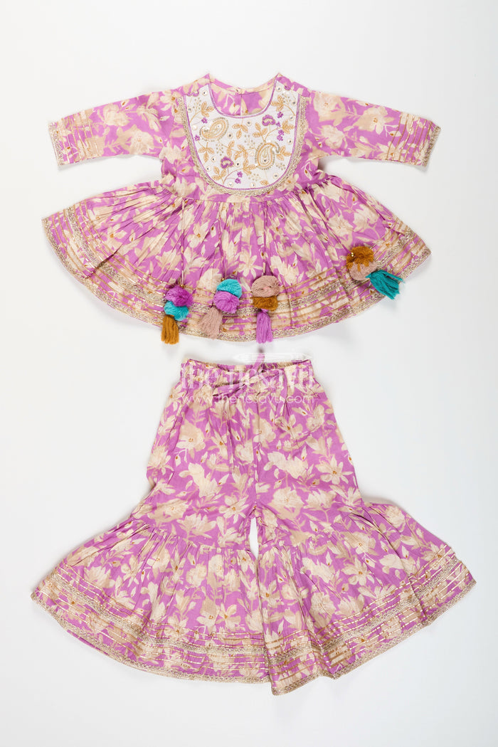 The Nesavu Girls Sharara / Plazo Set Girls floral sharara set with embellished neckline and gota lace Nesavu Nesavu girls floral cotton sharara set embellished neckline tassels  festive wear Navratri