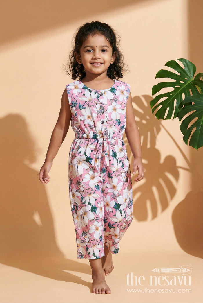 The Nesavu Girls Jumpsuit Girls Floral Sleeveless Jumpsuit for Weekend Fun and Everyday Style Nesavu 20 (3Y) / Pink GFC1898A-20 Nesavu Pink Floral Cotton Jumpsuit Girls Summer Outfit Matching Headband Belt