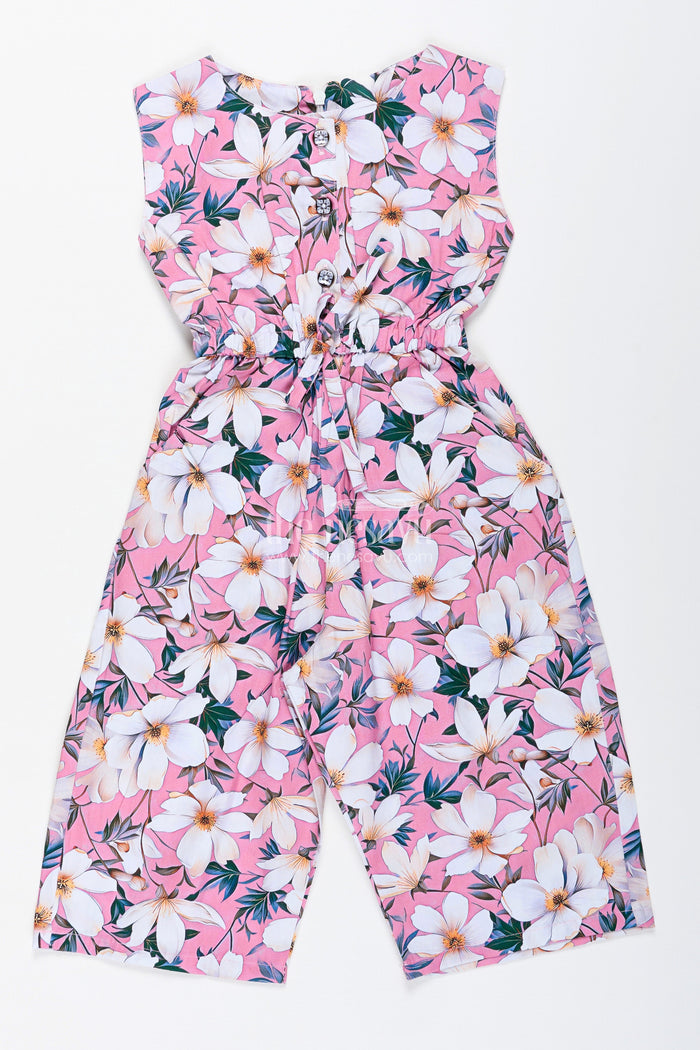 The Nesavu Girls Jumpsuit Girls Floral Sleeveless Jumpsuit for Weekend Fun and Everyday Style Nesavu 20 (3Y) / Pink GFC1898A-20 Nesavu Pink Floral Cotton Jumpsuit Girls Summer Outfit Matching Headband Belt