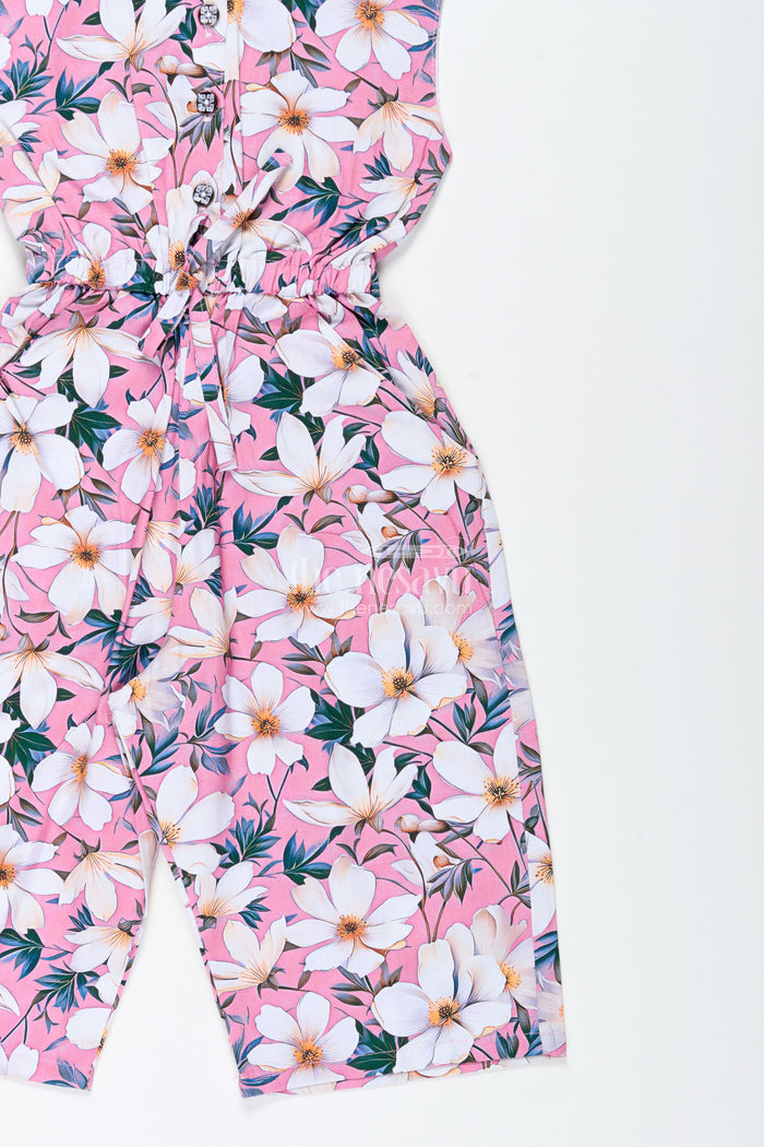 The Nesavu Girls Jumpsuit Girls Floral Sleeveless Jumpsuit for Weekend Fun and Everyday Style Nesavu Nesavu Pink Floral Cotton Jumpsuit Girls Summer Outfit Matching Headband Belt