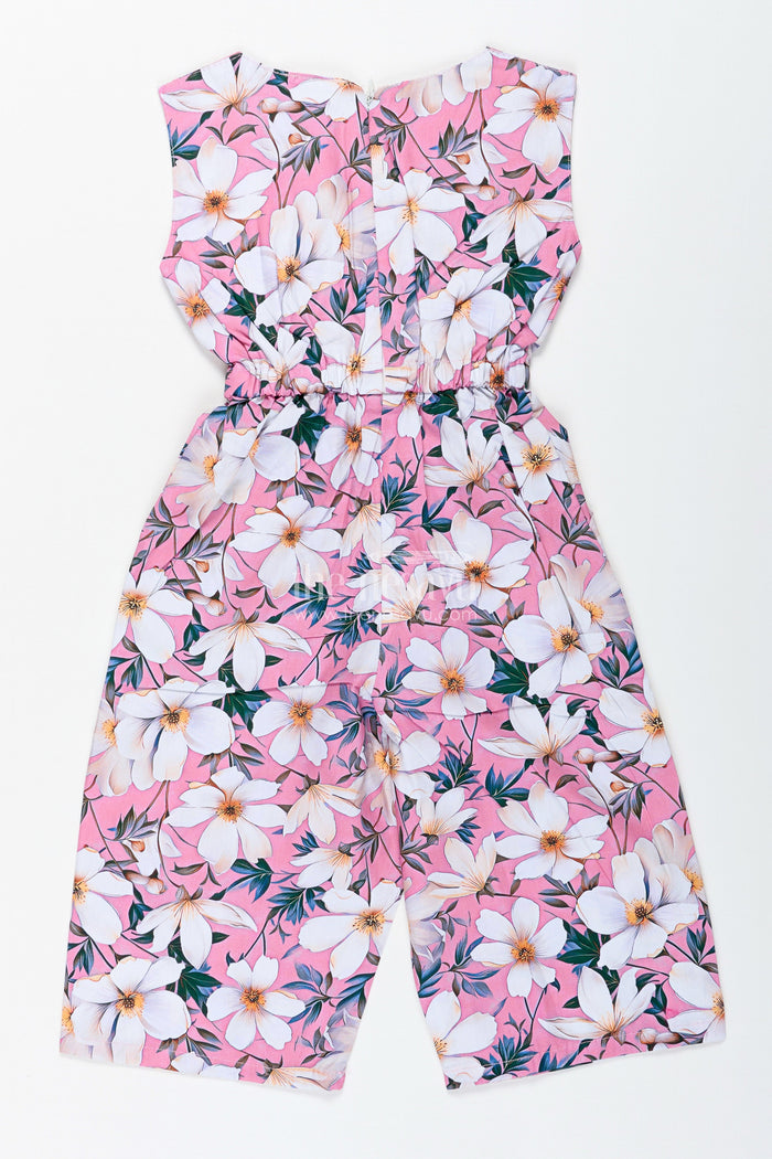 The Nesavu Girls Jumpsuit Girls Floral Sleeveless Jumpsuit for Weekend Fun and Everyday Style Nesavu Nesavu Pink Floral Cotton Jumpsuit Girls Summer Outfit Matching Headband Belt