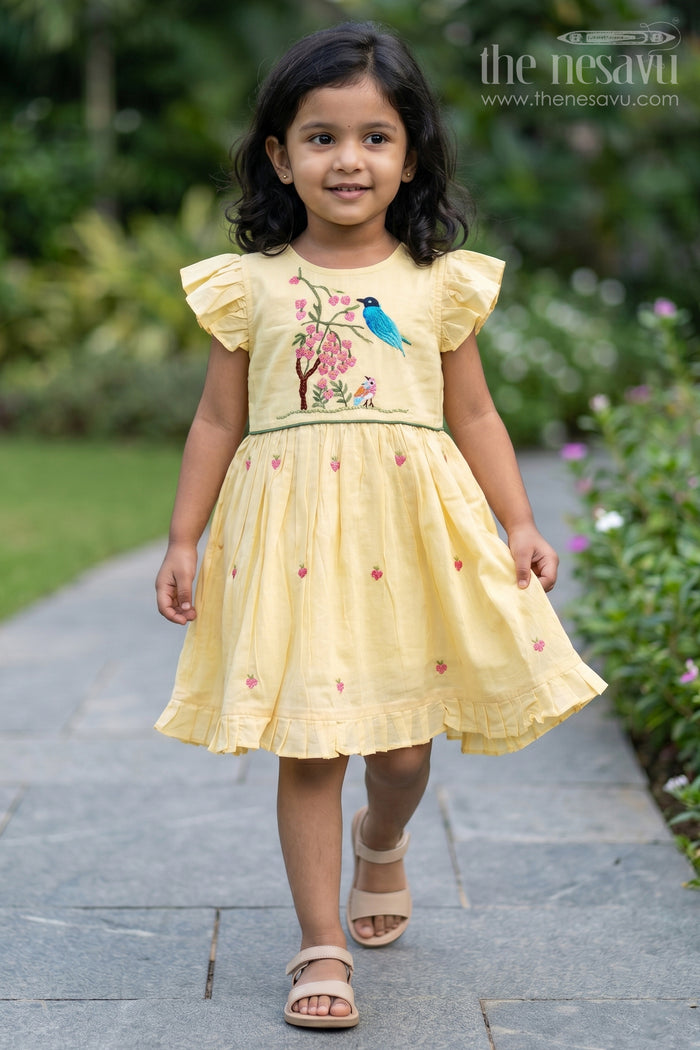 The Nesavu Girls Chanderi Frock Girls Frock for Birthday and Festive Celebrations Nesavu 16 (1Y) / Yellow / Chanderi GFC2238A-16 Nesavu Baby Girl Chanderi Frock For Birthday And Festive Wear With Thread Embroidery And Flared Design