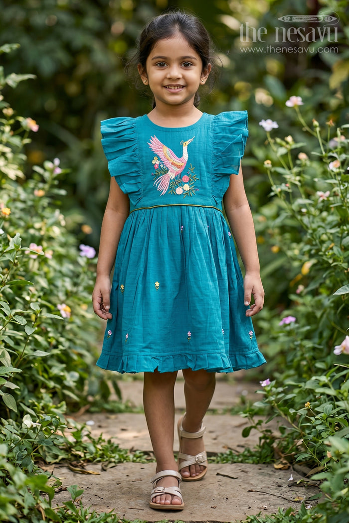 The Nesavu Girls Chanderi Frock Girls Frock for Festive Outings and Special Day Dressing Nesavu 16 (1Y) / Blue / Chanderi GFC2224A-16 Nesavu Girls Chanderi Cotton Frock For Festive Outings And Special Occasions With Embroidered Bird Motif