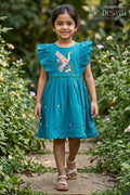 The Nesavu Girls Chanderi Frock Girls Frock for Festive Outings and Special Day Dressing Nesavu 16 (1Y) / Blue / Chanderi GFC2224A-16 Nesavu Girls Chanderi Cotton Frock For Festive Outings And Special Occasions With Embroidered Bird Motif
