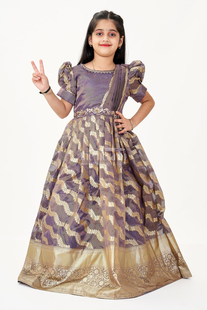 The Nesavu Girls Silk Gown Girls Frock Gown Design in Organza Banarasi Silk with Gold Zari Border and Puff Sleeves Nesavu 20 (3Y) / Purple GA308B-20 Girls Frock Gown Design Organza Banarasi Silk Puff Sleeves Zari Border | The Nesavu