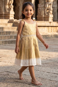 The Nesavu Tie-up Frock Girls Gold Tissue Silk Frock for Festive Celebrations Nesavu 18 (2Y) / Gold / Tissue T435B-18 Nesavu Girls Gold Tissue Silk Frock With Tie Up Straps For Festive Family Occasions