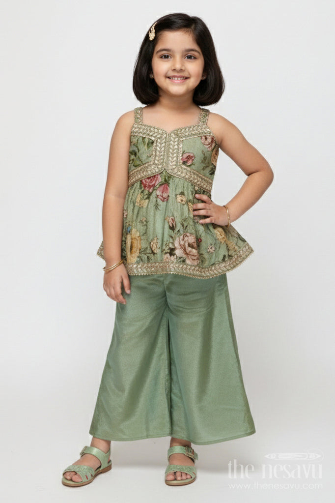 The Nesavu Girls Sharara / Plazo Set Girls Green Sharara Set with Embroidered Yoke for Festive Occasions Nesavu 16 (1Y) / Green GPS730B-16 Nesavu girls green sharara set in viscose silk with sequin embroidered yoke – festive ethnic outfit