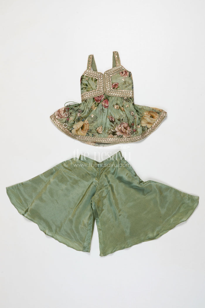 The Nesavu Girls Sharara / Plazo Set Girls Green Sharara Set with Embroidered Yoke for Festive Occasions Nesavu Nesavu girls green sharara set in viscose silk with sequin embroidered yoke – festive ethnic outfit
