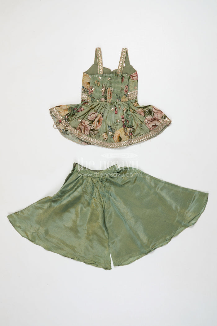 The Nesavu Girls Sharara / Plazo Set Girls Green Sharara Set with Embroidered Yoke for Festive Occasions Nesavu Nesavu girls green sharara set in viscose silk with sequin embroidered yoke – festive ethnic outfit