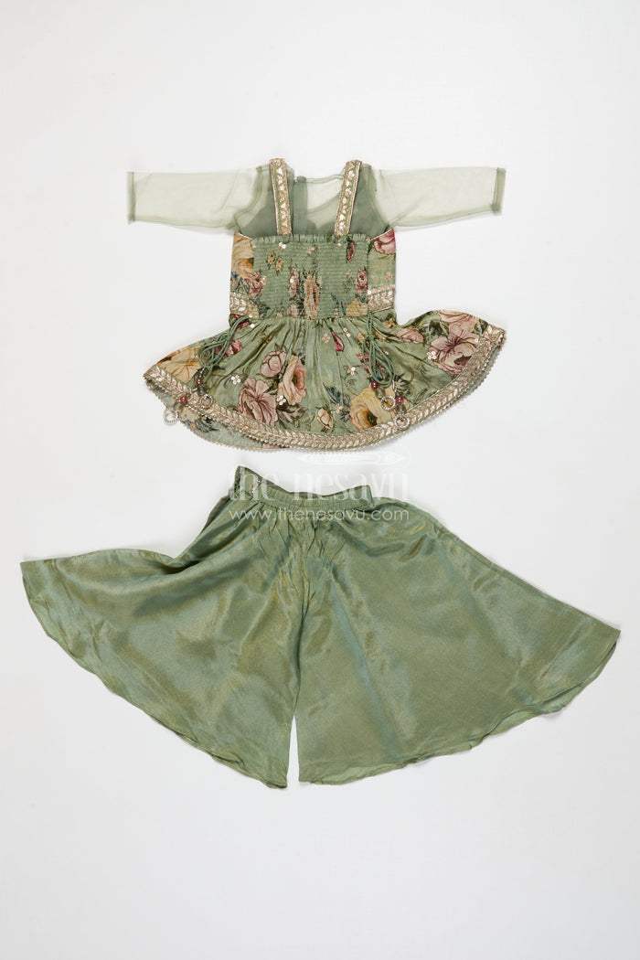 The Nesavu Girls Sharara / Plazo Set Girls Green Sharara Set with Embroidered Yoke for Festive Occasions Nesavu Nesavu girls green sharara set in viscose silk with sequin embroidered yoke – festive ethnic outfit