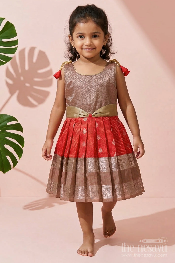 The Nesavu Girls Kanchi Silk Frock Girls Kanchi Silk Frock for Festive Celebrations Nesavu 10 (NB) / Red / Style 4 KSF022ED-10 Nesavu girls kanchi silk frock for weddings in semi designer kanchivaram silk inspired collection