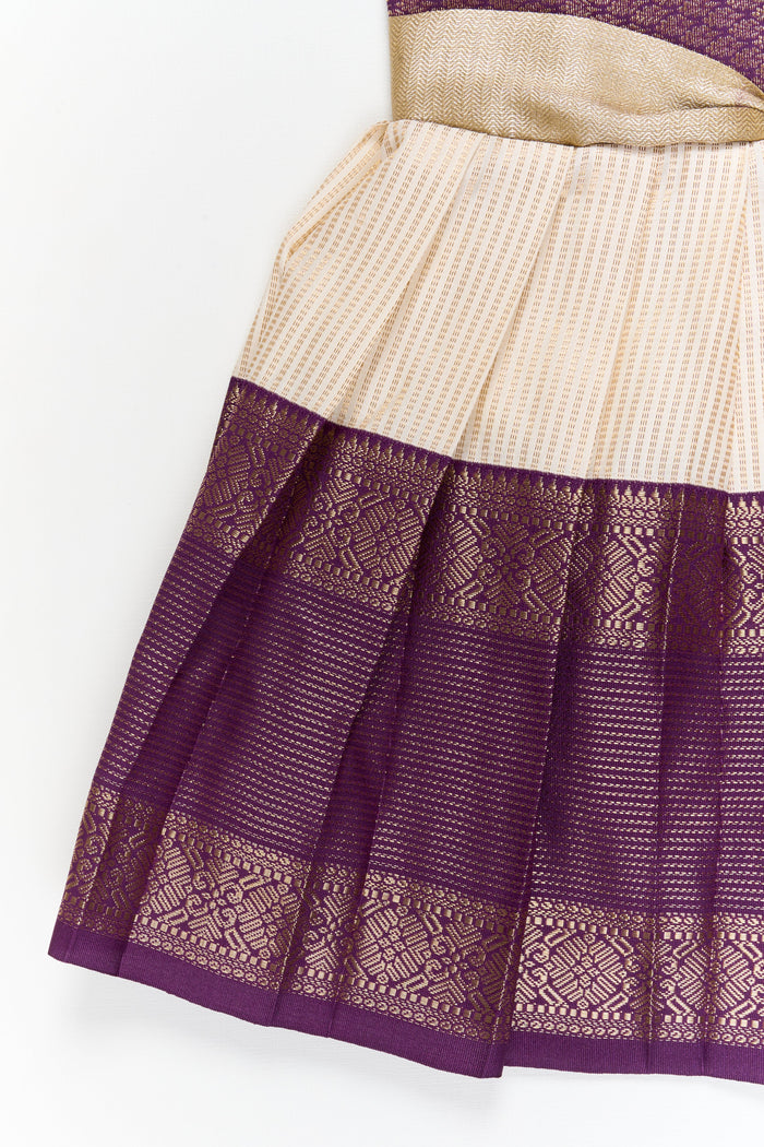 The Nesavu Girls Kanchi Silk Frock Girls Kanchi Silk Frock for Festive Weddings and Receptions Nesavu Nesavu girls kanchi silk frock for weddings in semi designer kanchivaram saree inspired style