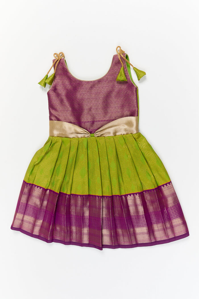 The Nesavu Girls Kanchi Silk Frock Girls Kanchi Silk Frock for Temple Functions and Festive Events Nesavu 18 (2Y) / Green / Style 2 KSF031CB-18 Nesavu girls silk frock for temple functions in semi temple wear kanchivaram silk design