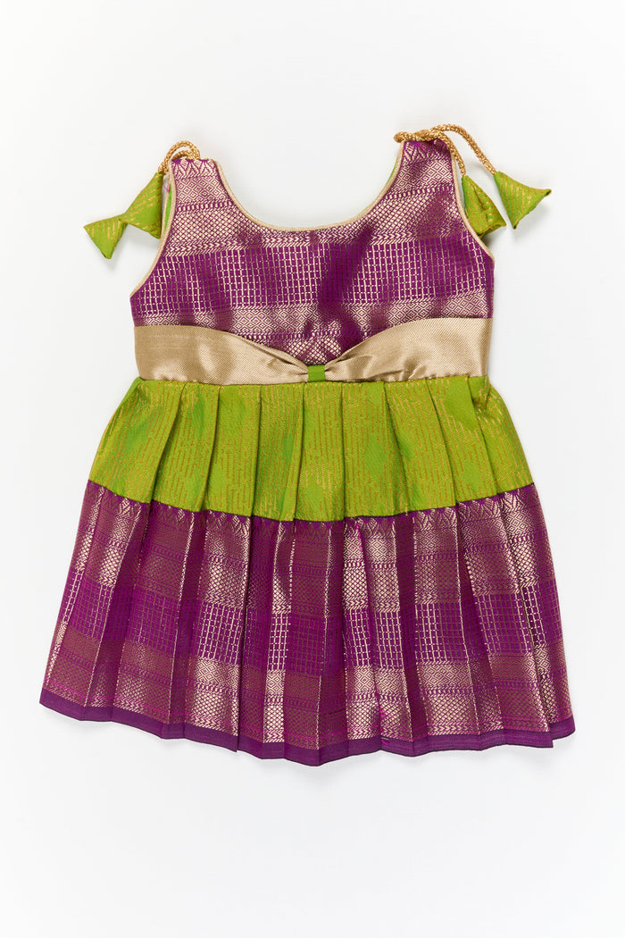 The Nesavu Girls Kanchi Silk Frock Girls Kanchi Silk Frock for Temple Functions and Festive Events Nesavu 10 (NB) / Green / Style 4 KSF031CD-10 Nesavu girls silk frock for temple functions in semi temple wear kanchivaram silk design