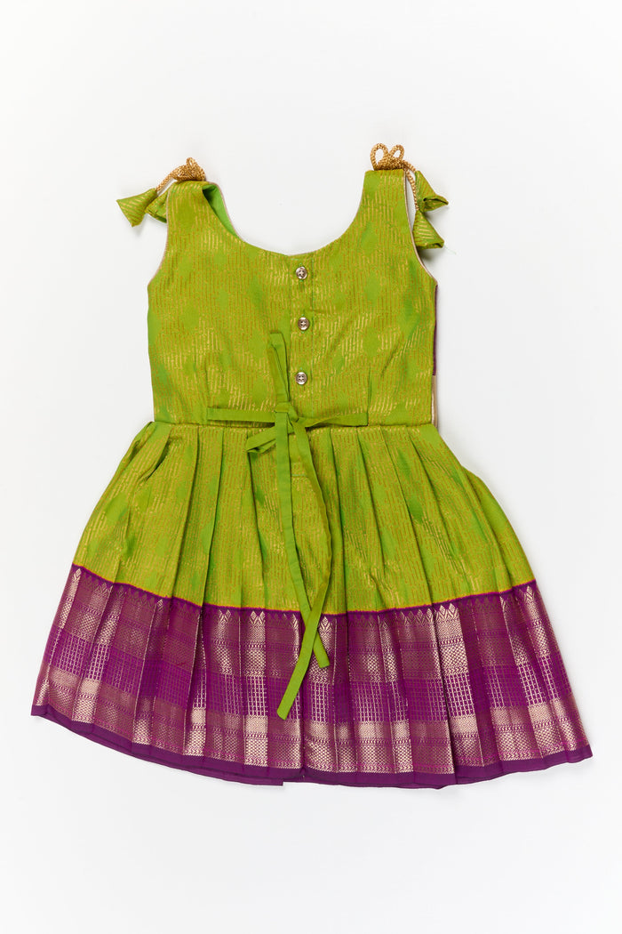 The Nesavu Girls Kanchi Silk Frock Girls Kanchi Silk Frock for Temple Functions and Festive Events Nesavu Nesavu girls silk frock for temple functions in semi temple wear kanchivaram silk design