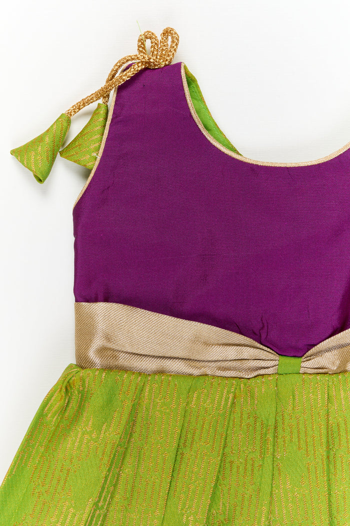 The Nesavu Girls Kanchi Silk Frock Girls Kanchi Silk Frock for Temple Functions and Festive Events Nesavu Nesavu girls silk frock for temple functions in semi temple wear kanchivaram silk design
