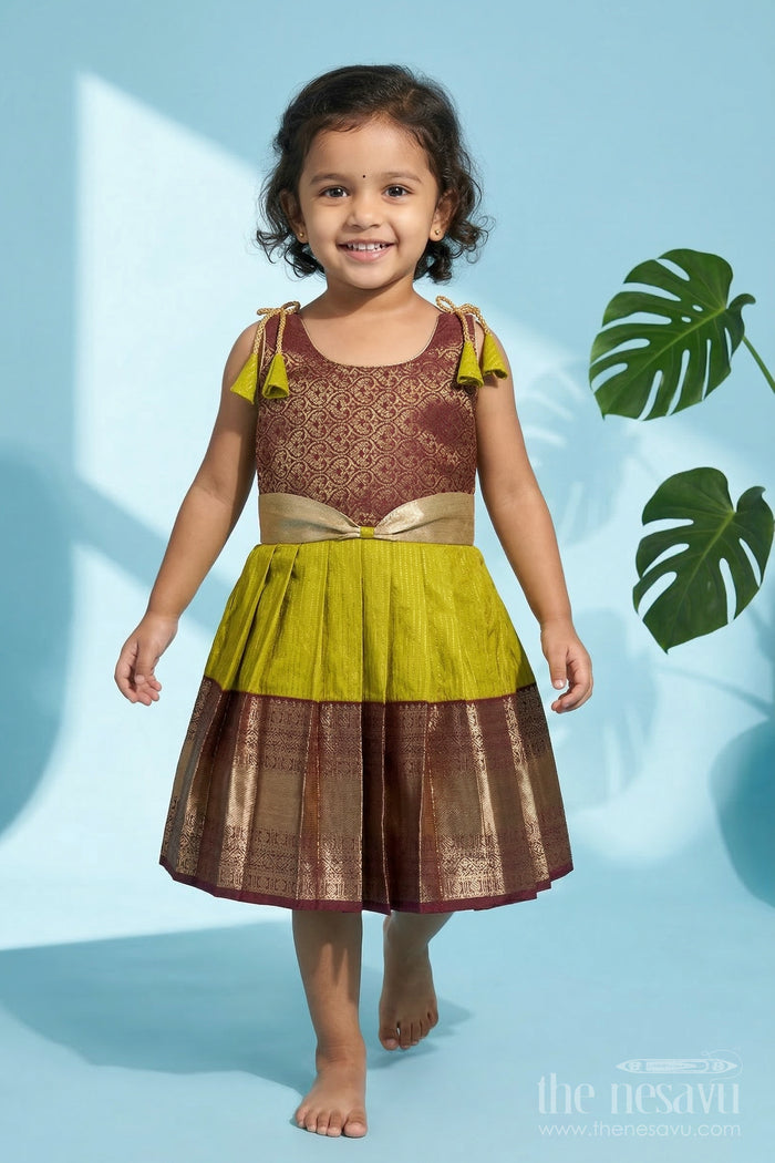 The Nesavu Girls Kanchi Silk Frock Girls Kanchi Silk Frock for Temple Visits and Festive Events Nesavu 10 (NB) / Green / Style 4 KSF020AD-10 Nesavu girls kanchi silk frock for temple visits in semi jacquard kanchivaram silk design