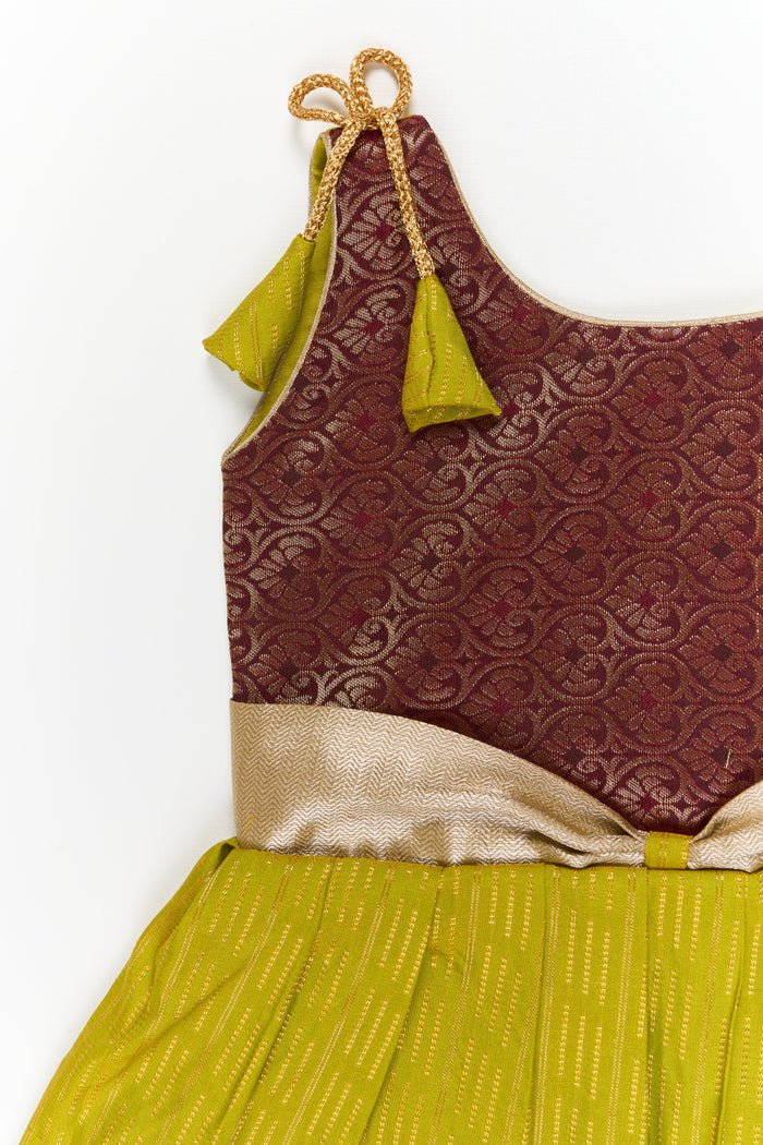 The Nesavu Girls Kanchi Silk Frock Girls Kanchi Silk Frock for Temple Visits and Festive Events Nesavu Nesavu girls kanchi silk frock for temple visits in semi jacquard kanchivaram silk design