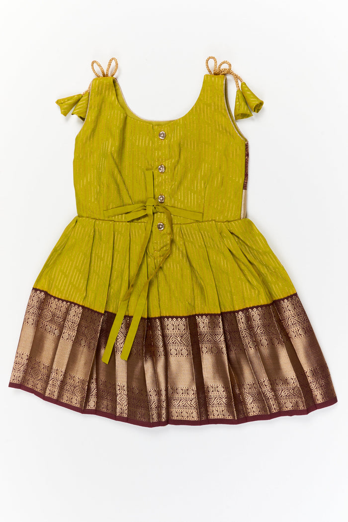 The Nesavu Girls Kanchi Silk Frock Girls Kanchi Silk Frock for Temple Visits and Festive Events Nesavu Nesavu girls kanchi silk frock for temple visits in semi jacquard kanchivaram silk design